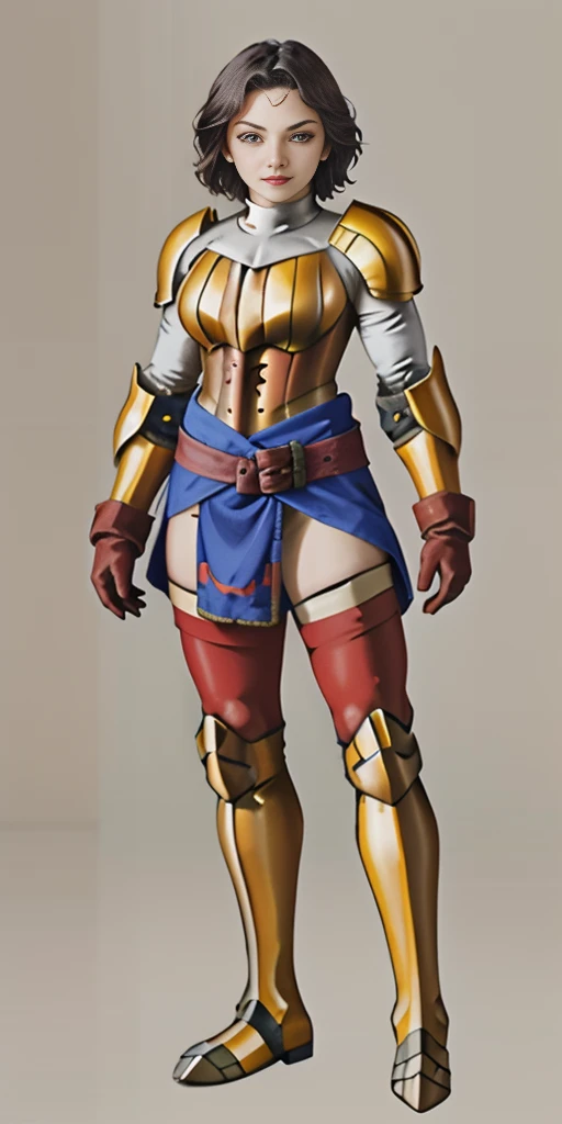 (masterpiece, best quality, 4k, 1girlsolo, 1MILF, mmplatz, smile, red cheeks, plain background:1.2) perfect face, perfect lighting, mature whsororitas with gloves red gauntlets in her hands like Cammy White from Street Fighter, bob white hair, warhammer 40k power armor suit with loincloth, red eyes like rubies, full body RED armor, view from below, looking to the viewer, arms to the sides empty hands, RED military boots, silver skull ornament attached to crossing 2 belt wide hips, 2 long legs, Female Knight (Final Fantasy Tactics)