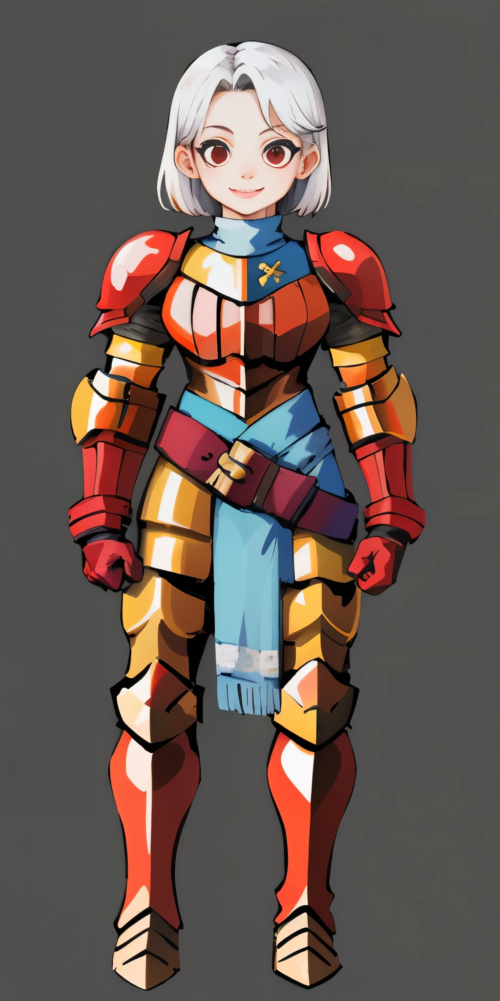 (masterpiece, best quality, 4k, 1girlsolo, 1MILF, mmplatz, smile, red cheeks, plain background:1.2) perfect face, perfect lighting, mature whsororitas with gloves red gauntlets in her hands like Cammy White from Street Fighter, bob white hair, warhammer 40k power armor suit with loincloth, red eyes like rubies, full body RED armor, view from below, looking to the viewer, arms to the sides empty hands, RED military boots, silver skull ornament attached to crossing 2 belt wide hips, 2 long legs, Female Knight (Final Fantasy Tactics)