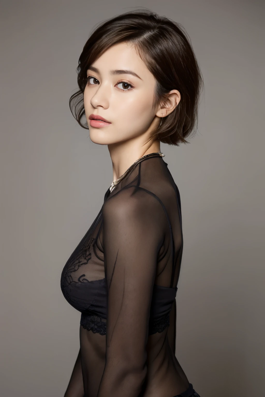 ((top-quality、8K、masterpiece: 1.erfect Body Beauty: 1.4、Slender Abs: 1.2、Beautiful woman with slender abs:1.3、(Highlight Haircutreast B Cup:1.2), medium breast, round shape breast, perfect shape breast, (( sexy , sheer )), necklace, hyperdetailed face、18year old、 Pretty women、(Dark brown short-cut hair), Slim Face、Highly detailed facial and skin texture、very detailed lips、opens legs、top-quality、masterpiece、超A high resolution、(Photorealsitic:1.4), walked forward confidently, long shot , studio setup, photography steup, light from both side, background,