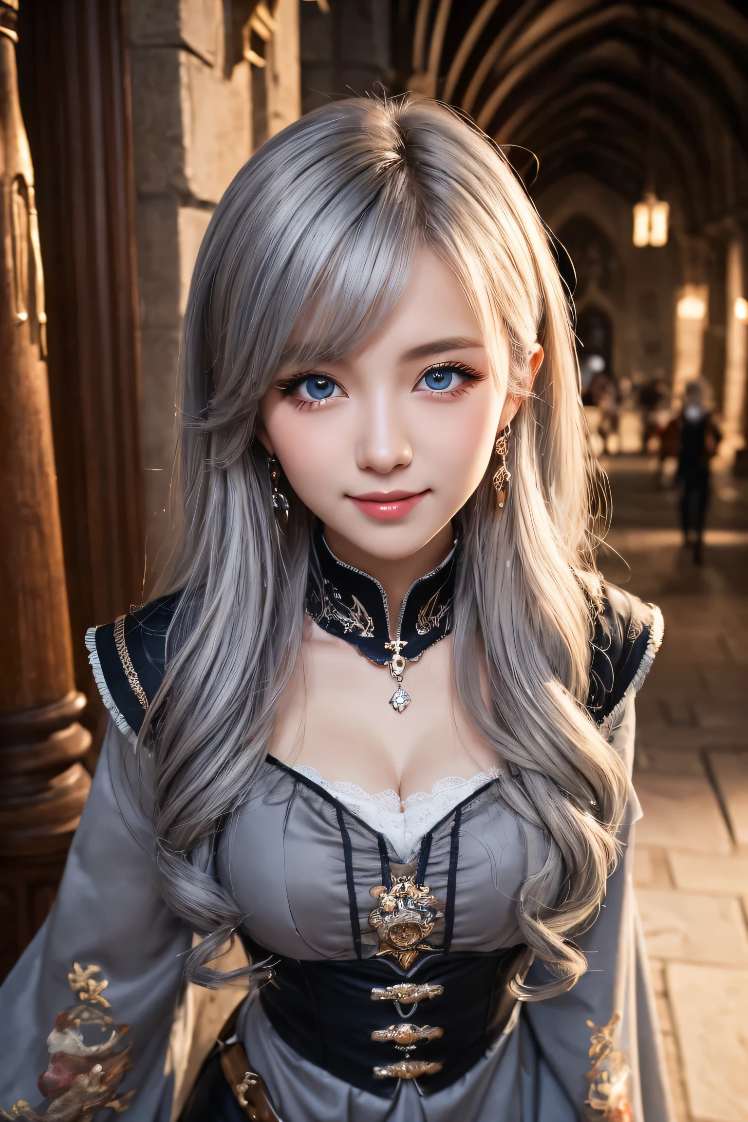 ((masterpiece)), ((best quality)), (ultra-detailed), ((kawaii)), cute, ((lovely)), ((extremely detailed)), 4K, (8K), best quality, (beautiful), illustration, overall bird’s eye view:1.3, (cowboy shot:1.3), dynamic angle, baroque architecture:1.3, cathedral, outside, a cute girl, 1girl, solo, Japanese, (middle-ages necromancer:1.3), (necromancer costume), (beautiful gray hair:1.3), (semi long hair:1.3), ((beautiful hair)), tareme:1.5, beautiful blue eyes, ((beautiful eyes)), white teeth, smile, blush