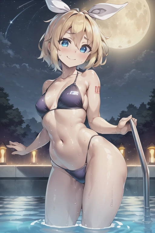 (((masterpiece))), ((highest quality)), ((Very detailed)), ((High resolution)), ((8k)), ((Anatomically correct)), The correct number of fingers, One Woman, Kagamine Rin, Vocaloid, Blonde Hair, short hair, Short, Very cute woman, delicate, Charming smile, Blue eyes, Bright Eyes, Best moment, Vivid eyes, Beautiful Skin, Cute face, delicateな腕, Detailed skin texture, Intricate details, Very detailedな顔, Beautiful Eyes, Beautiful curves, View your viewers, Beautiful thighs, upright, Model standing, Beautiful standing posture, Triangle Bikini, Pool at night, The moon in the background, Sweat, 