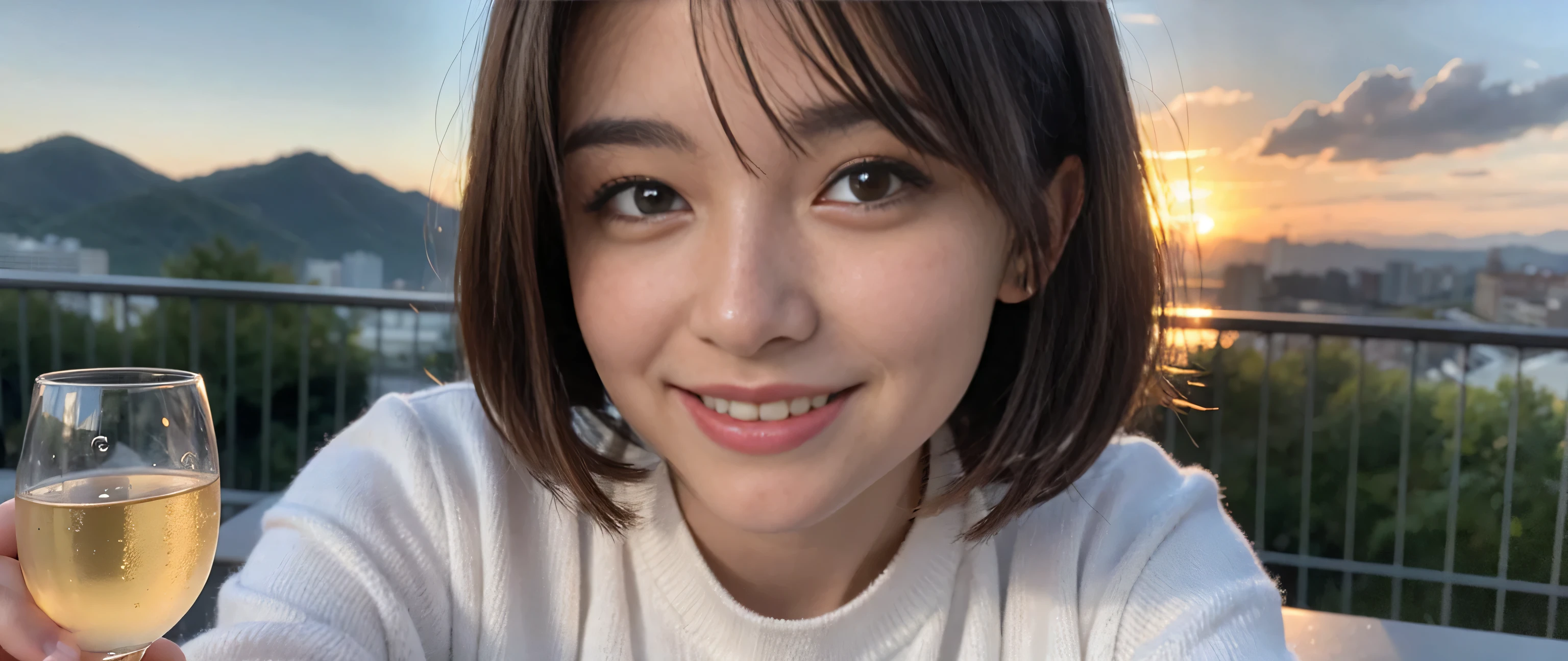 ((highest quality、8k、masterpiece:1.3))、Sharp focus:1.2、Beautiful woman perfect body:1.4、Slim body、((Bob Hale、Straight hair:1.2))、(to be born, highest quality, masterpiece:1.5), (Realistic, Intricate details:1.2), Ultra-high resolution, Amazing view of the sunset sky and clouds、Amazing mountain views、A bright smile、A lovely woman with a smile、Bright image、2. The beauty of wine, Beautiful Face, blue eyes, The light shines on your face, Blushing, short hair,Bright Face、Fox face、 (36 years old), 39 years old, Lady、red wine 、Appetizers、Italian food、Wine bottle、Champagne、sparkling wine、Two beauties、Brown Hair、Shortcuts、Long sleeve shirt、dress、Pretty Woman 1, (Slim face), (The body is slim), (Brown Hair), (Shortcuts), cheeks turn a little red,Attractive beauty、, Out of the window, A beautiful and detailed night view unfolds.........., restaurant, In a prominent place (From the waist up) Nova Frog Style, actress, model, Upper Body, White wine, slim, wine glass, A wine glass placed in the middle, smile, (smile: 1.15), Beautiful fine grain, Depth f/2,saturation, High Contrast, Strong light and shadow,Moist Body:1.5、3D texture、Delicate eyes、Brown Hair、The hair is very shiny、