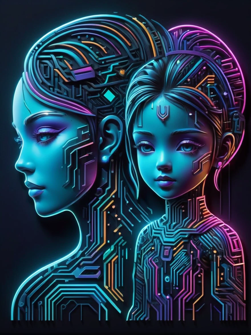 (Neon)，Circuit Board，Neon gradient light blue，Turquoise and purple artwork，(Full body rainbow image of a little princess and her mom)，(anatomically correct), (The background is solid black:1.5)，Chinese style，Fine lines，Clear lines，bold vibrant colours，Realistic form，shadow，perspective，(Cubist Futurism, Conceptual art, Surrealism, UHD, masterpiece, ccurate, textured skin, super detail, high details, award winning, best quality, 8k), Super detailed, (1.4 times more realism)