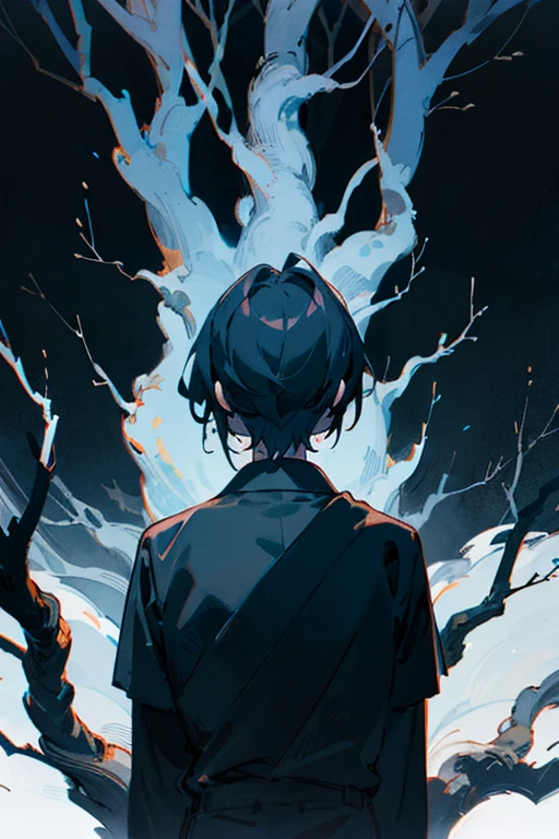 Paisaje nocturno, dark trees surrounding a whose back is turned