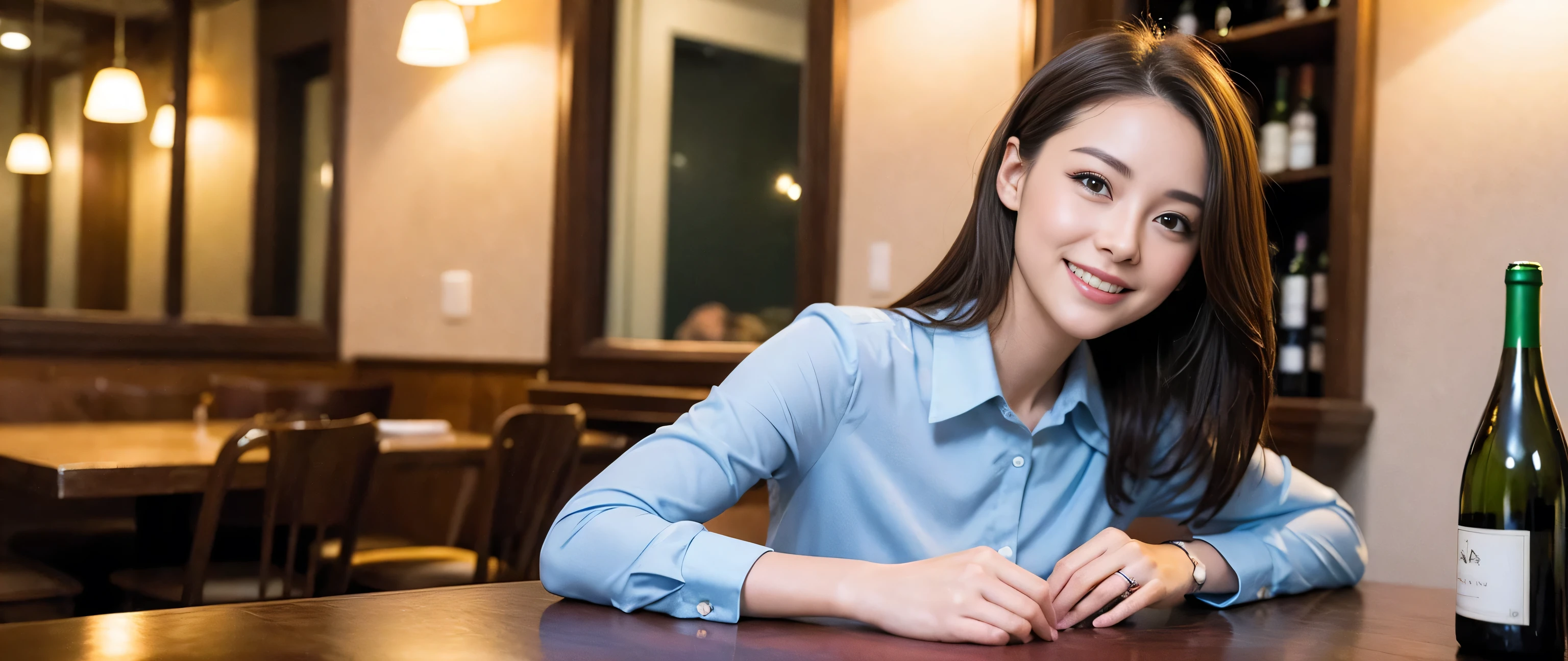 ((highest quality、8k、masterpiece:1.3))、Sharp focus:1.2、Beautiful woman perfect body:1.4、Slim body、((Bob Hale、Straight hair:1.2))、(to be born, highest quality, masterpiece:1.5), (Realistic, Intricate details:1.2), Ultra-high resolution, Amazing view of the sunset sky and clouds、Amazing mountain views、A bright smile、A lovely woman with a smile、Bright image、2. The beauty of wine, Beautiful Face, blue eyes, The light shines on your face, Blushing, short hair,Bright Face、Fox face、 (36 years old), 39 years old, Lady、red wine 、Appetizers、Italian food、Wine bottle、Champagne、sparkling wine、Two beauties、Brown Hair、Shortcuts、Long sleeve shirt、dress、Pretty Woman 1, (Slim face), (The body is slim), (Brown Hair), (Shortcuts), cheeks turn a little red,Attractive beauty、, Out of the window, A beautiful and detailed night view unfolds.........., restaurant, In a prominent place (From the waist up) Nova Frog Style, actress, model, Upper Body, White wine, slim, wine glass, A wine glass placed in the middle, smile, (smile: 1.15), Beautiful fine grain, Depth f/2,saturation, High Contrast, Strong light and shadow,Moist Body:1.5、3D texture、Delicate eyes、Brown Hair、The hair is very shiny、