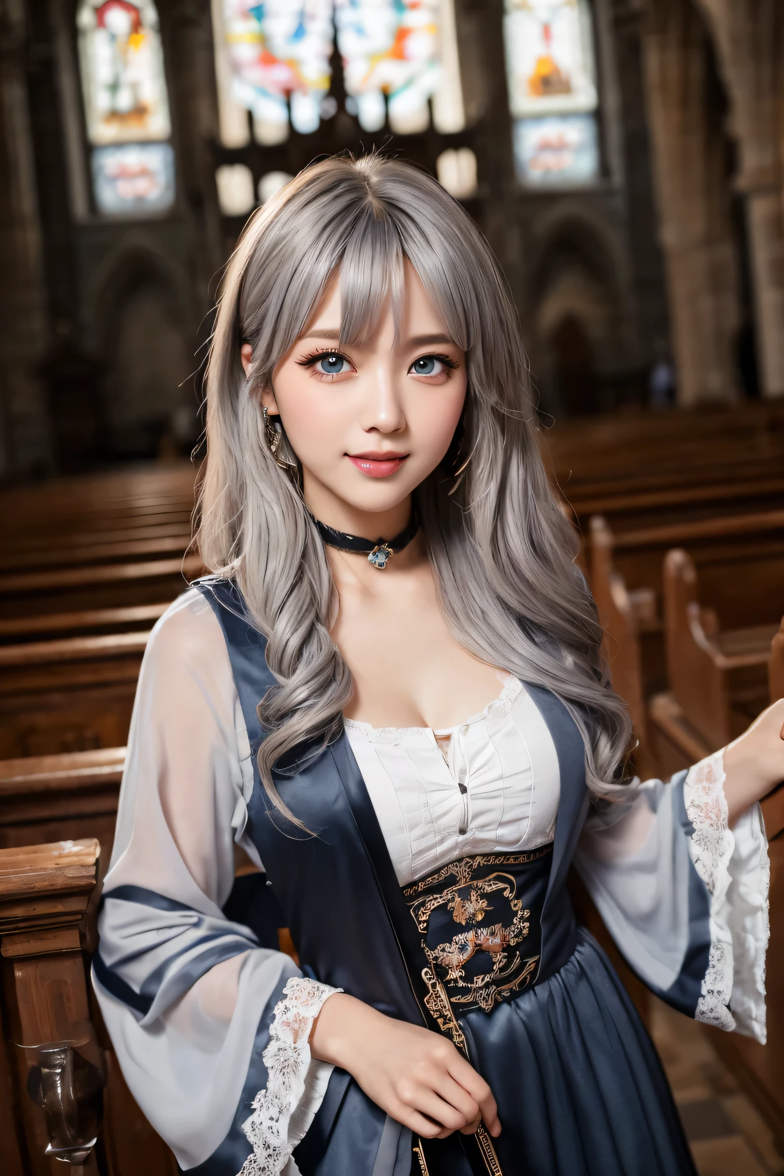 ((masterpiece)), ((best quality)), (ultra-detailed), ((kawaii)), cute, ((lovely)), ((extremely detailed)), 4K, (8K), best quality, (beautiful), illustration, overall bird’s eye view:1.3, (cowboy shot:1.3), dynamic angle, baroque architecture:1.3, cathedral, outside, a cute girl, 1girl, solo, Japanese, (middle-ages necromancer:1.3), (necromancer costume), (beautiful gray hair:1.3), (semi long hair:1.3), ((beautiful hair)), tareme:1.5, beautiful blue eyes, ((beautiful eyes)), white teeth, smile, blush