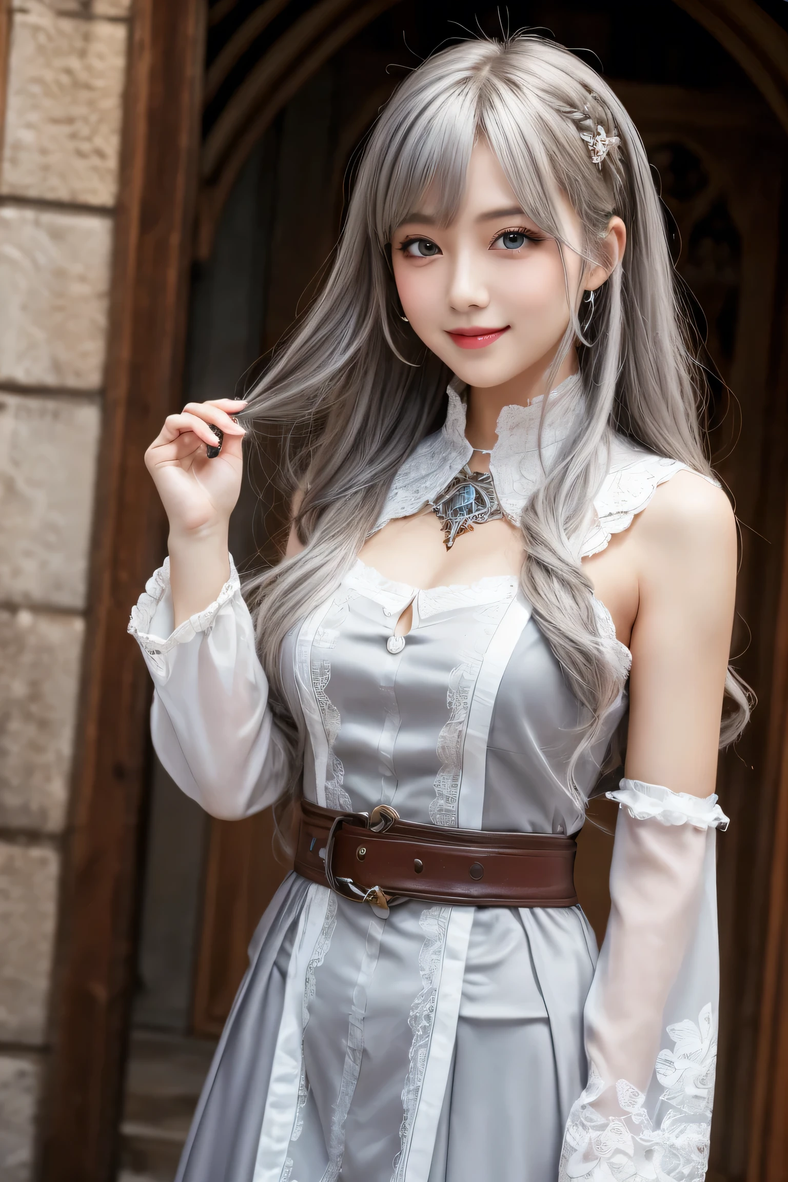 ((masterpiece)), ((best quality)), (ultra-detailed), ((kawaii)), cute, ((lovely)), ((extremely detailed)), 4K, (8K), best quality, (beautiful), illustration, overall bird’s eye view:1.3, (cowboy shot:1.3), dynamic angle, baroque architecture:1.3, cathedral, outside, a cute girl, 1girl, solo, Japanese, (middle-ages cleric:1.3), (cleric costume), (beautiful gray hair:1.3), (semi long hair:1.3), ((beautiful hair)), tareme:1.5, beautiful blue eyes, ((beautiful eyes)), white teeth, smile, blush