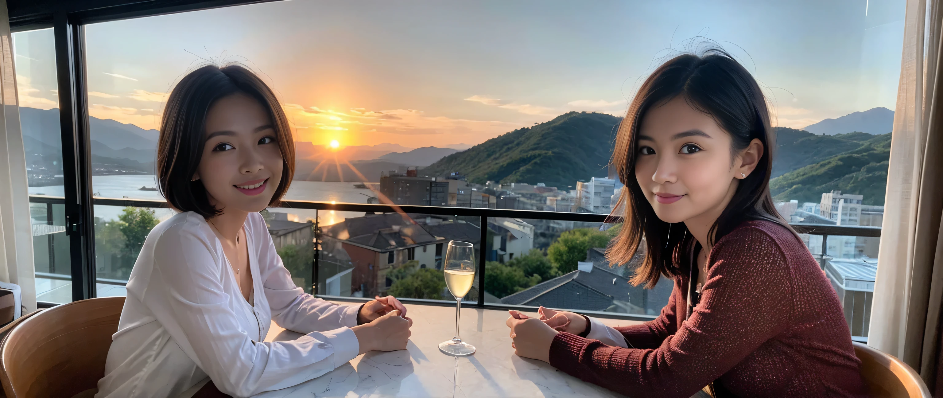 ((highest quality、8k、masterpiece:1.3))、Sharp focus:1.2、Beautiful woman perfect body:1.4、Slim body、((Bob Hale、Straight hair:1.2))、(to be born, highest quality, masterpiece:1.5), (Realistic, Intricate details:1.2), Ultra-high resolution, Amazing view of the sunset sky and clouds、Amazing mountain views、A bright smile、A lovely woman with a smile、Bright image、2. The beauty of wine, Beautiful Face, blue eyes, The light shines on your face, Blushing, short hair,Bright Face、Fox face、 (36 years old), 39 years old, Lady、red wine 、Appetizers、Italian food、Wine bottle、Champagne、sparkling wine、Two beauties、Brown Hair、Shortcuts、Long sleeve shirt、dress、Pretty Woman 1, (Slim face), (The body is slim), (Brown Hair), (Shortcuts), cheeks turn a little red,Attractive beauty、, Out of the window, A beautiful and detailed night view unfolds.........., restaurant, In a prominent place (From the waist up) Nova Frog Style, actress, model, Upper Body, White wine, slim, wine glass, A wine glass placed in the middle, smile, (smile: 1.15), Beautiful fine grain, Depth f/2,saturation, High Contrast, Strong light and shadow,Moist Body:1.5、3D texture、Delicate eyes、Brown Hair、The hair is very shiny、