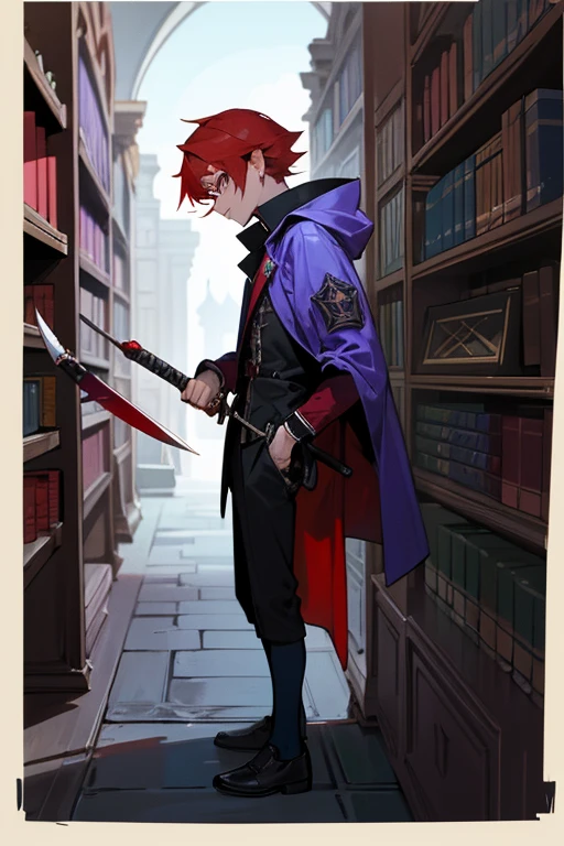 12 year old boy, red hair, violet eyes, full body, elephant jacket, Blue glasses, books, Assassin, Daggers Knife's, Library,