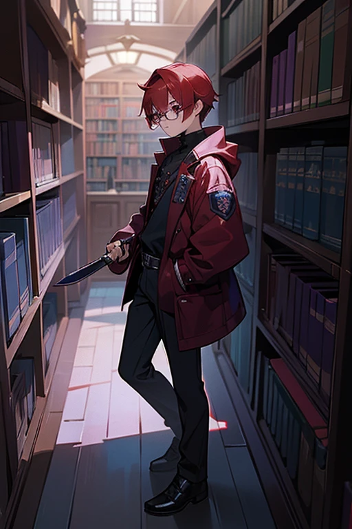 12 year old boy, red hair, violet eyes, full body, elephant jacket, Blue glasses, books, Assassin, Daggers Knife's, Library,