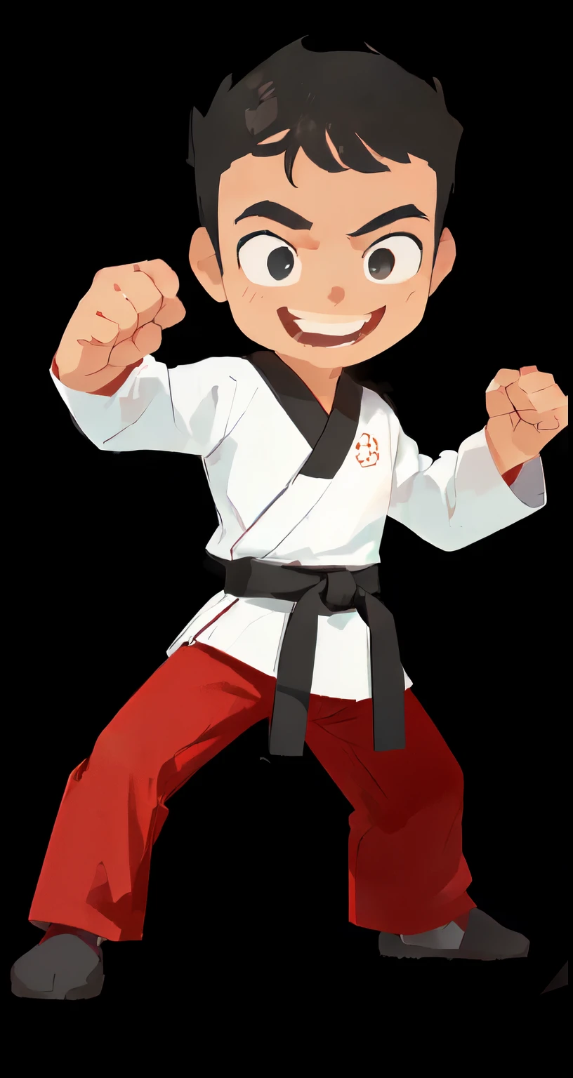 cartoon karate boy with black belt and red pants, martial art pose, karate pose, doing martial arts, martial arts, karate, fighting game character, cartoon illustration, karate kick, fighting stance, karate outfit, cartoon style illustration, martial arts tournament, fighter pose, fighting pose, kid, fighting posture, fighting stance energy, wearing a white gi, in a fighting stance, smiling brave face