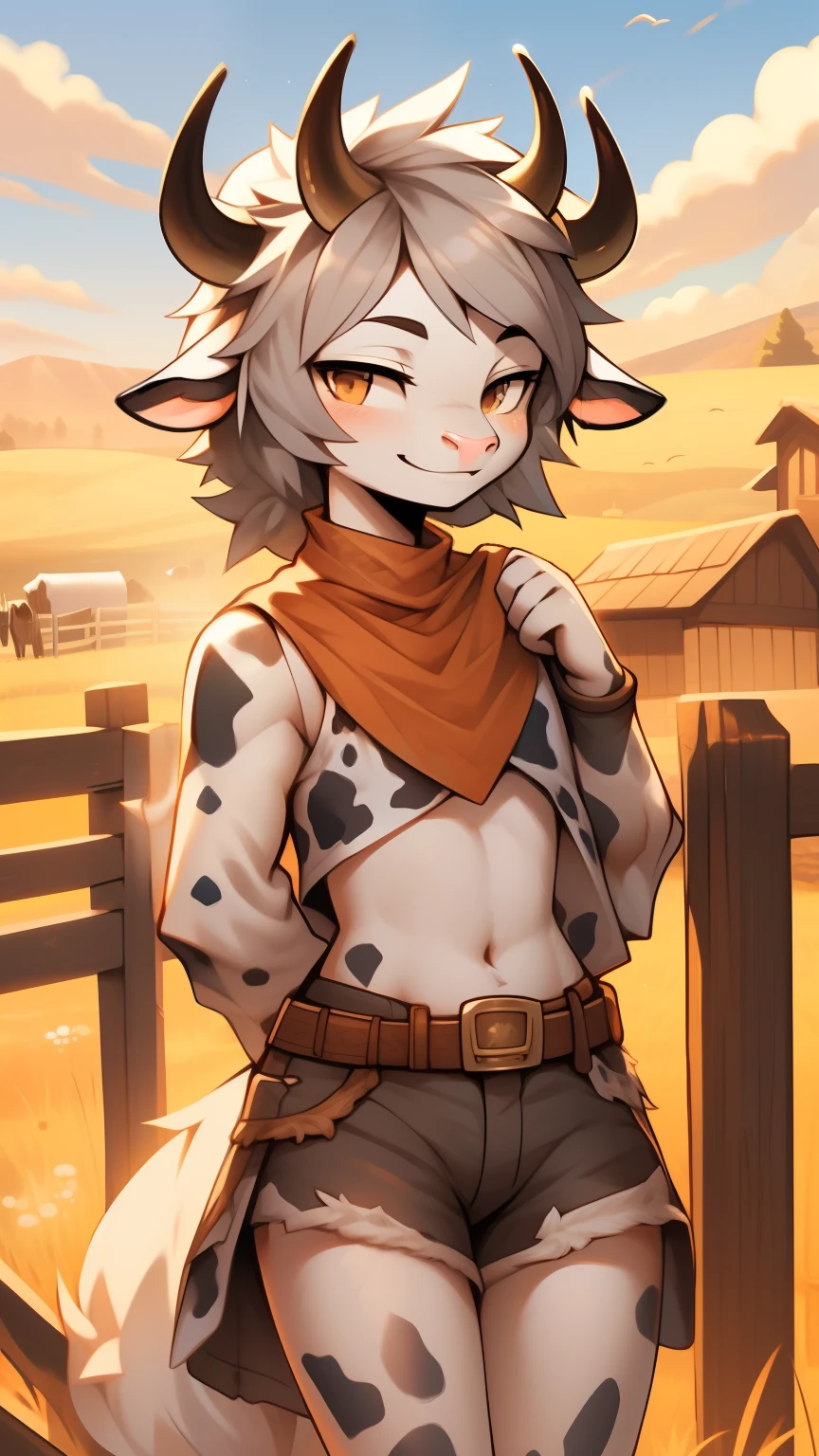 Best quality, super detailed illustration, warm colors, Ideal lighting, (Fluffy cow boy:1.4), white fur with black spots ,feminine face and body, disheveled thick gray hair, short shorts, Cowboy clothes, with a ranch in the background, smug smile, half-closed eyes , Femboy, slim, perfect body, DND style