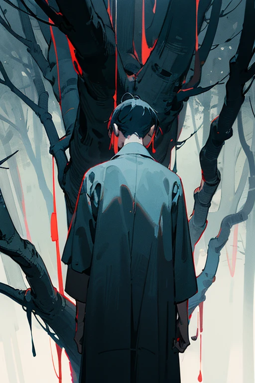 Paisaje nocturno, forest with dark trees surrounding a  who has his back turned