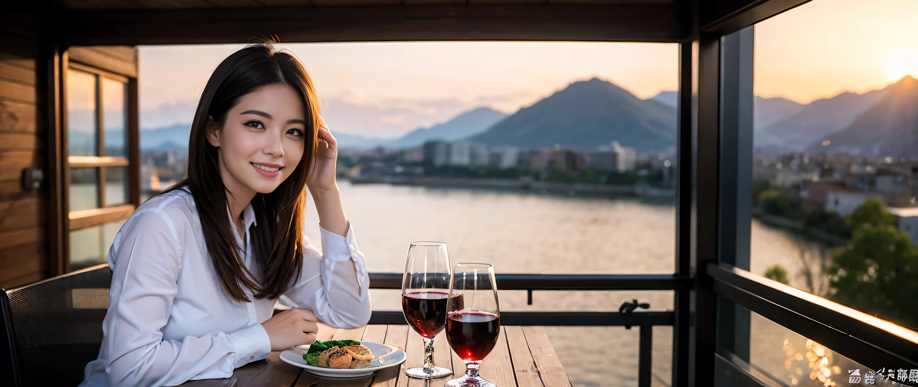((highest quality、8k、masterpiece:1.3))、Sharp focus:1.2、Beautiful woman perfect body:1.4、Slim body、((Bob Hale、Straight hair:1.2))、(to be born, highest quality, masterpiece:1.5), (Realistic, Intricate details:1.2), Ultra-high resolution, Amazing view of the sunset sky and clouds、Amazing mountain views、A bright smile、A lovely woman with a smile、Bright image、2. The beauty of wine, Beautiful Face, blue eyes, The light shines on your face, Blushing, short hair,Bright Face、Fox face、 (36 years old), 39 years old, Lady、red wine 、Appetizers、Italian food、Wine bottle、Champagne、sparkling wine、Two beauties、Brown Hair、Shortcuts、Long sleeve shirt、dress、Pretty Woman 1, (Slim face), (The body is slim), (Brown Hair), (Shortcuts), cheeks turn a little red,Attractive beauty、, Out of the window, A beautiful and detailed night view unfolds.........., restaurant, In a prominent place (From the waist up) Nova Frog Style, actress, model, Upper Body, White wine, slim, wine glass, A wine glass placed in the middle, smile, (smile: 1.15), Beautiful fine grain, Depth f/2,saturation, High Contrast, Strong light and shadow,Moist Body:1.5、3D texture、Delicate eyes、Brown Hair、The hair is very shiny、