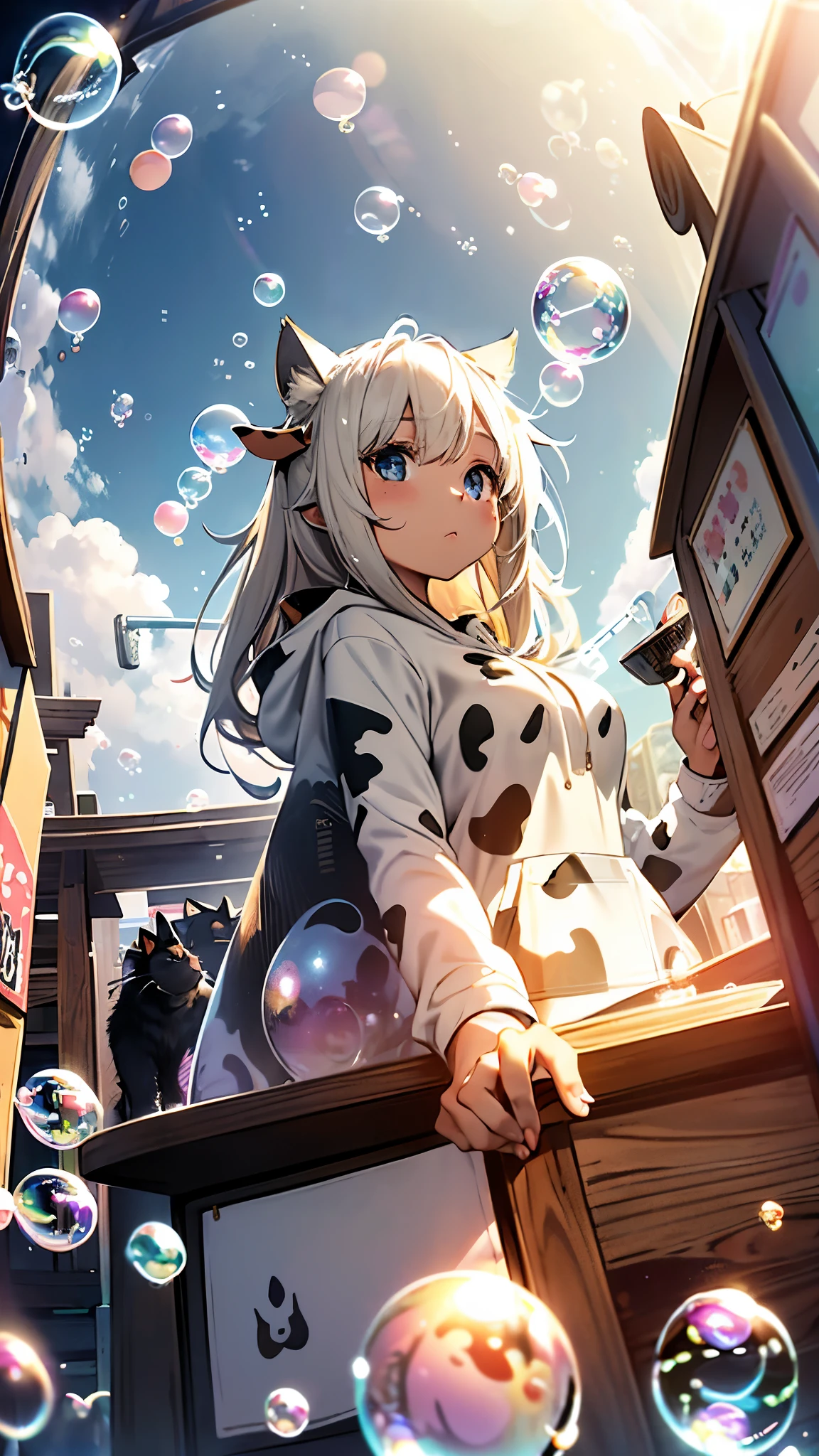 Masterpiece, 4K, bokeh, (Cat ears:1.3), Beautiful high school girls, white long hair, Looking at the viewer, (Cow pattern hoodie:1.3), (Many Large soap bubbles are flying:1.5), (sun shine Shopping mole:1.3), (fisheye lens:1.3),
(Close up:1.4),(From below:1.3)