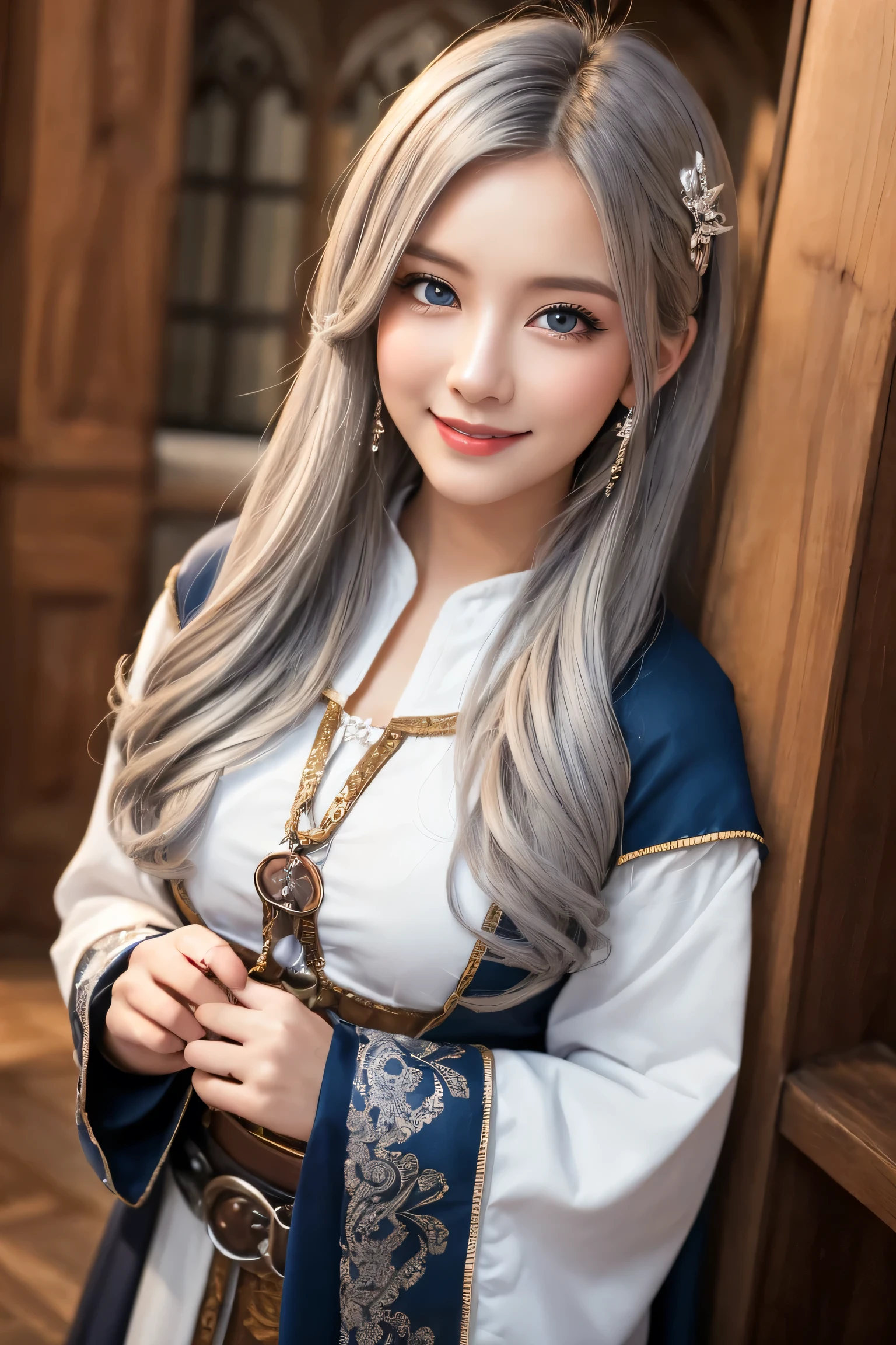((masterpiece)), ((best quality)), (ultra-detailed), ((kawaii)), cute, ((lovely)), ((extremely detailed)), 4K, (8K), best quality, (beautiful), illustration, overall bird’s eye view, (cowboy shot:1.3), dynamic angle, baroque architecture:1.3, cathedral, outside, a cute girl, 1girl, solo, Japanese, (middle-ages cleric:1.3), (cleric costume), (beautiful gray hair:1.3), (semi long hair:1.3), ((beautiful hair)), tareme:1.5, beautiful blue eyes, ((beautiful eyes)), white teeth, smile, blush