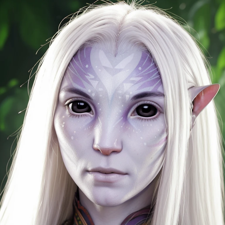 avatar style, (face portrait:1.6), naavi, 1girl, indigenous female, red eyes, ((eyebrowless)), pointy ears, (white skin tone:1.0), (straight hair:1.0), silver hair color, ((long hair)), (young adult), 18 years old, face wrinkles, wearing colorful tribal clothing, (wearing tribal acessories), detailed eyes, toned body, muscled body, vibrant colors, glowing, ethereal atmosphere, surrealistic dreamy lighting, textured skin, otherworldly beauty, mesmerizing photography, (best quality, highres), vivid colors, ultrarealistic, skin details, striped skin, sfw, face close-up:0.5, ultradetailed body, ((white skin)), AvTsireya, (albino person), albinism:1.5