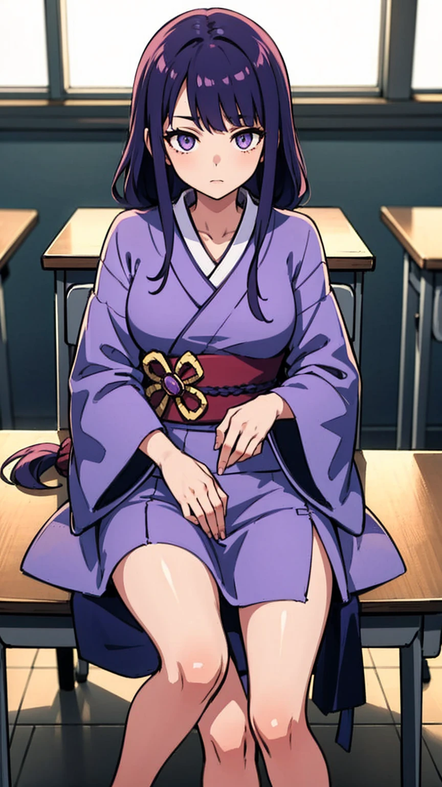 1 Girl, Long midnight purple hair, Golden light eyes, Sitting in the classroom, White modern school, Japanese cartoons