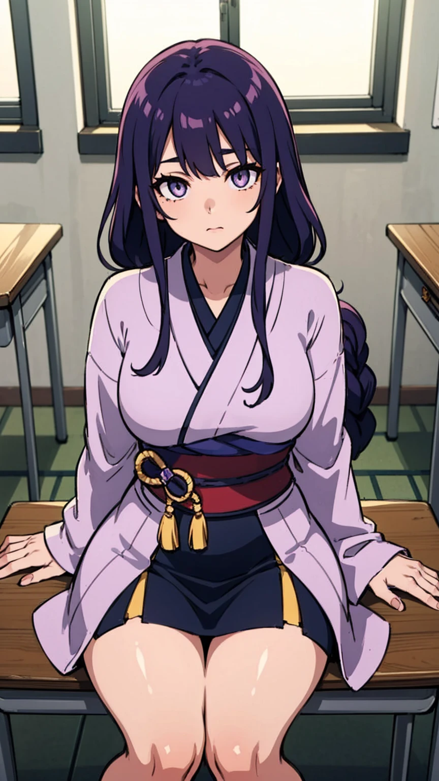 1 Girl, Long midnight purple hair, Golden light eyes, Sitting in the classroom, White modern school, Japanese cartoons