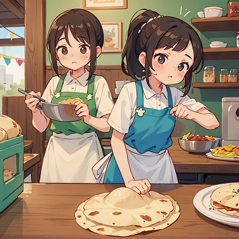 Girls kneading tortillas at a taco shop Apron and ponytail Mince is on the table