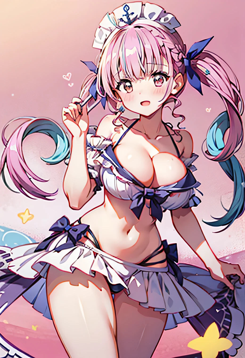 Anime illustration、highest quality、Sandy Beach、Image Video、Voluptuous gravure idol、Perfect proportions、bikini、Overwhelmingly large breasts、Very thick legs、Beautiful, shining eyes、Blushing、smile、Cowboy Shot