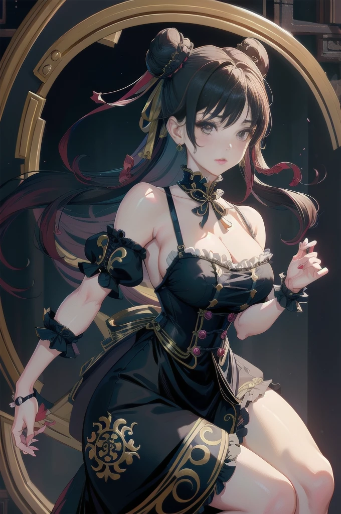 Sfw, (vivid colors,ultra-detailed),(best quality:1.37)chun li reimagined as a Victorian goth girl in a dark Victorian era backdrop, full body, 