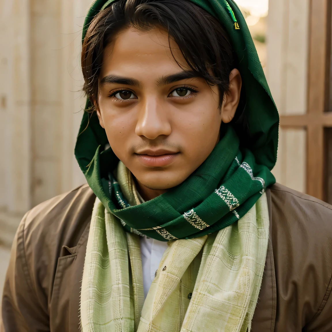 arafed man wearing a green scarf and a brown jacket,  yo berber boy, portrait of 1 5 - ye old boclose - up portrait shot, mid shot portrait, an afghan male type, frontal portrait of a young, beautiful young man, riyahd cassiem, khyzyl saleem, sigma 85/1.2 portrait