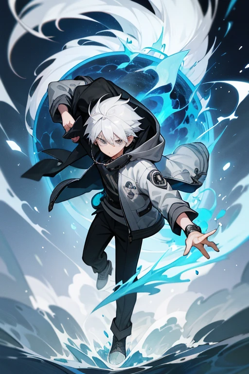12 year old boy, white hair, grey eyes, full body, koala jacket, elemental watch, elemental hero, elemental magic, fire, water, earth, air,