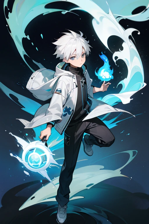12 year old boy, white hair, grey eyes, full body, koala jacket, elemental watch, elemental hero, elemental magic, fire, water, earth, air,