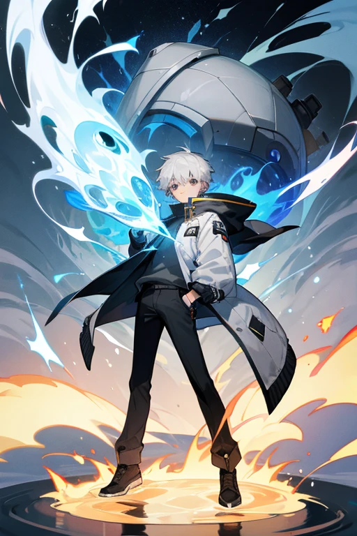 12 year old boy, white hair, grey eyes, full body, koala jacket, elemental watch, elemental hero, elemental magic, fire, water, earth, air,