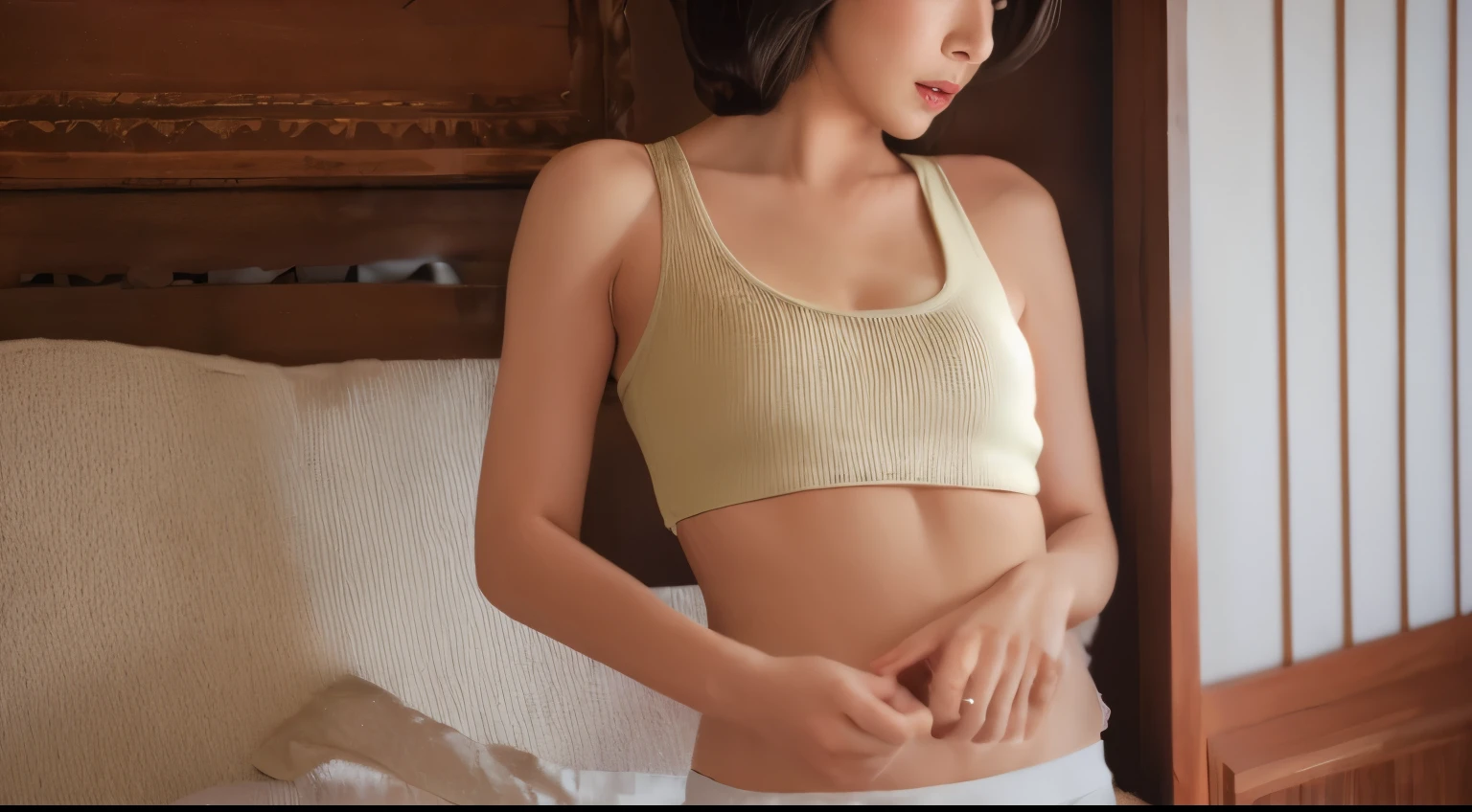 Japanese、woman、thin person、Holding back the stomach、Tank top、40s