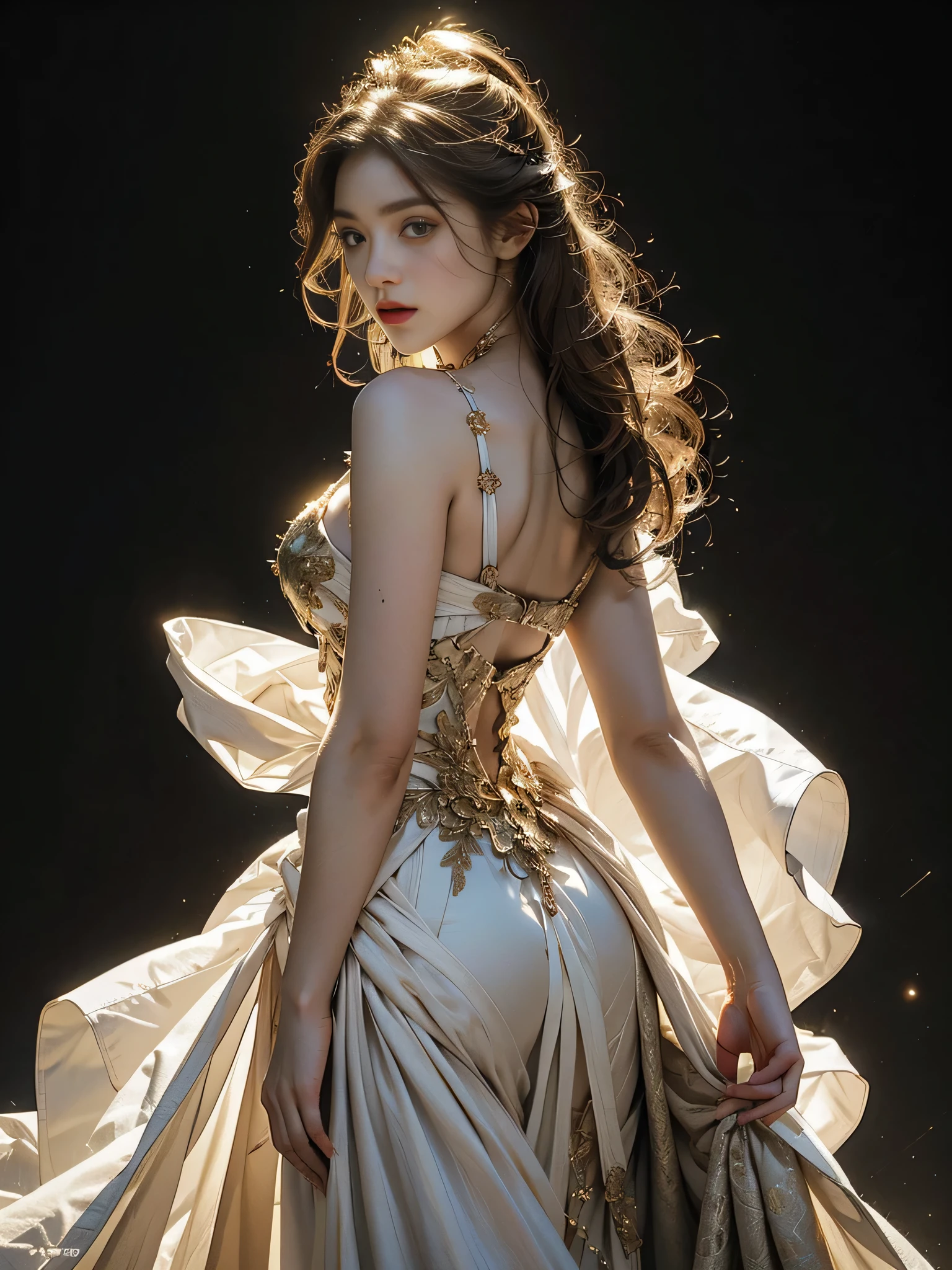 A warrior girl, dynamic standing pose, full body photo, front view, looking at the viewer, looking at the audience, (beautiful long straight platinum blonde hair), ((high-end warrior dress high quality gold rubber, princess style dress, warrior, LED internal lighting, Pedaipan style, fiber hair, glowing golden iris, glowing golden iris,)), 20 year old girl, voluptuous body type, hourglass figure, slim waist, perspective, very detailed, illustration, beautiful breasts, white breasts, detailed hands, perfect hands, detailed fingers, beautiful detailed fingers, Beautiful face, detailed face, white skin, detailed skin, (super natural skin), double beautiful detailed eyes, brown eyes, perfect eyes, clear eyes, (battlefield background, battlefield front floor background, ROMA background, detailed background, ), (((masterpiece))), (( best quality)), ((intricate detail)) , ((Ultra-realistic)), 8K, absurd resolution, lifelike accuracy, lifelike depiction, extreme detail unprecedented realism, ((film grain, jpeg artifacts, noise effect, grainy effect)),