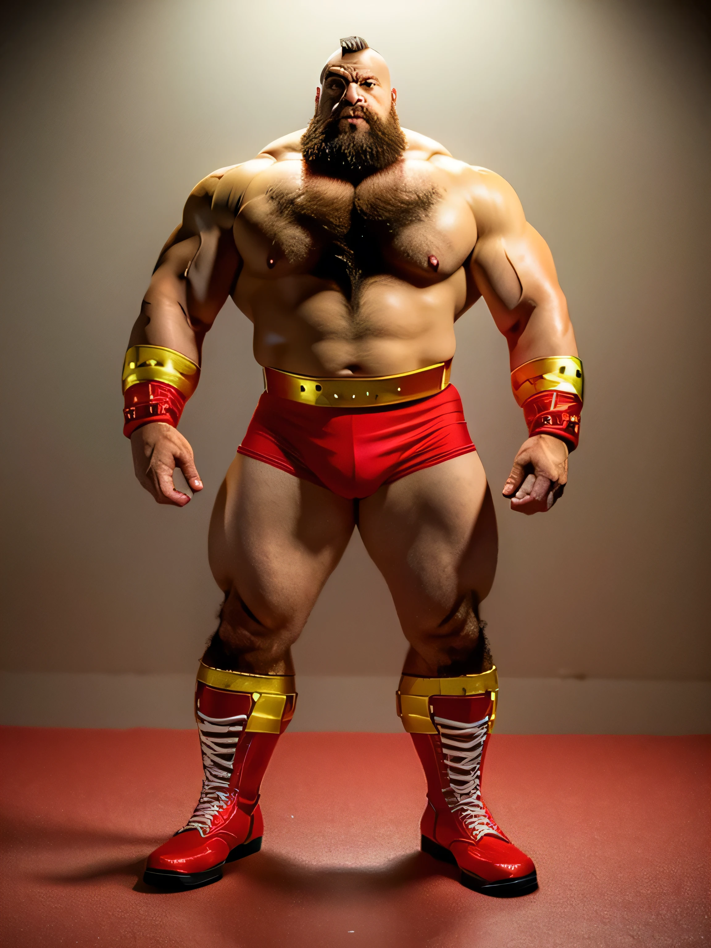 zangief,a man with a beard and a golden belt, fighting game character, street fighter 5,muscled humanoid,heavy looking,buff man,wrestler,Red short briefs,capcom,street fighter,shirtless,muscular male,chest hair,visually weighty,bearded man,mohawk hair,no wristband,Red Wrestling Boots,best quality