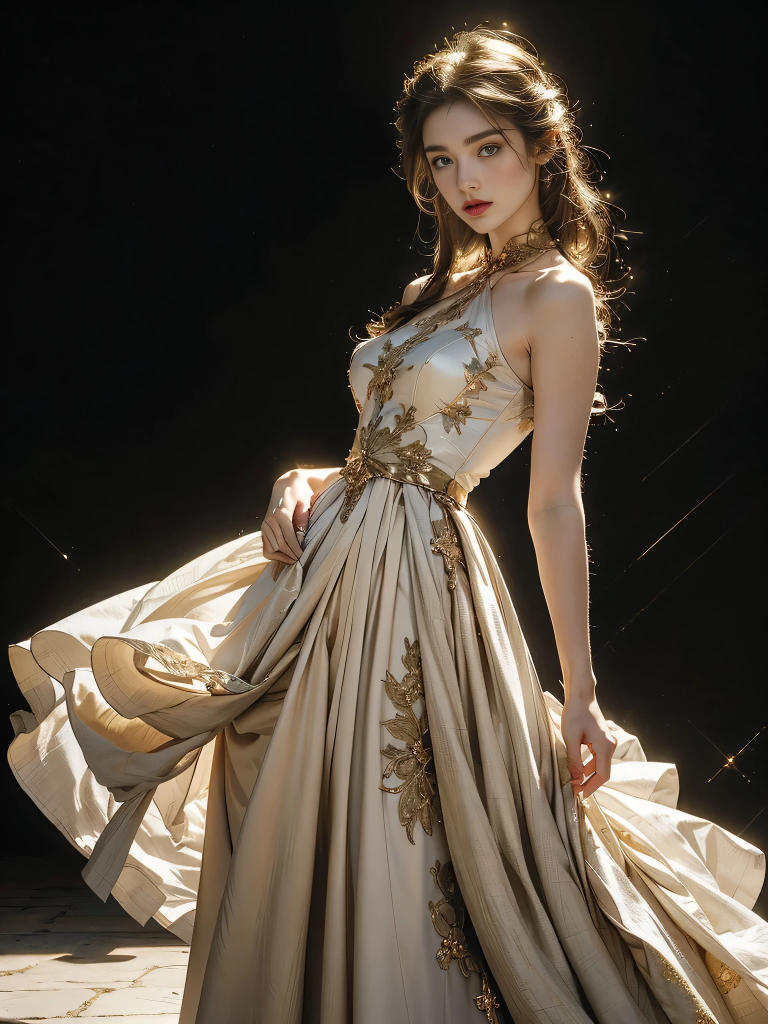 A warrior girl, dynamic standing pose, full body photo, front view, looking at the viewer, looking at the audience, (beautiful long straight platinum blonde hair), ((high-end warrior dress high quality gold rubber, princess style dress, warrior, LED internal lighting, Pedaipan style, fiber hair, glowing golden iris, glowing golden iris,)), 20 year old girl, voluptuous body type, hourglass figure, slim waist, perspective, very detailed, illustration, beautiful breasts, white breasts, detailed hands, perfect hands, detailed fingers, beautiful detailed fingers, Beautiful face, detailed face, white skin, detailed skin, (super natural skin), double beautiful detailed eyes, brown eyes, perfect eyes, clear eyes, (battlefield background, battlefield front floor background, ROMA background, detailed background, ), (((masterpiece))), (( best quality)), ((intricate detail)) , ((Ultra-realistic)), 8K, absurd resolution, lifelike accuracy, lifelike depiction, extreme detail unprecedented realism, ((film grain, jpeg artifacts, noise effect, grainy effect)),
