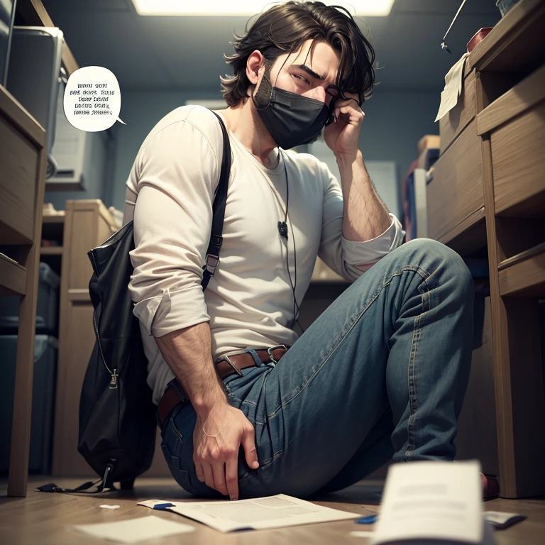 a sad man hiding it's face with it's knees inside a phone full of bad texts