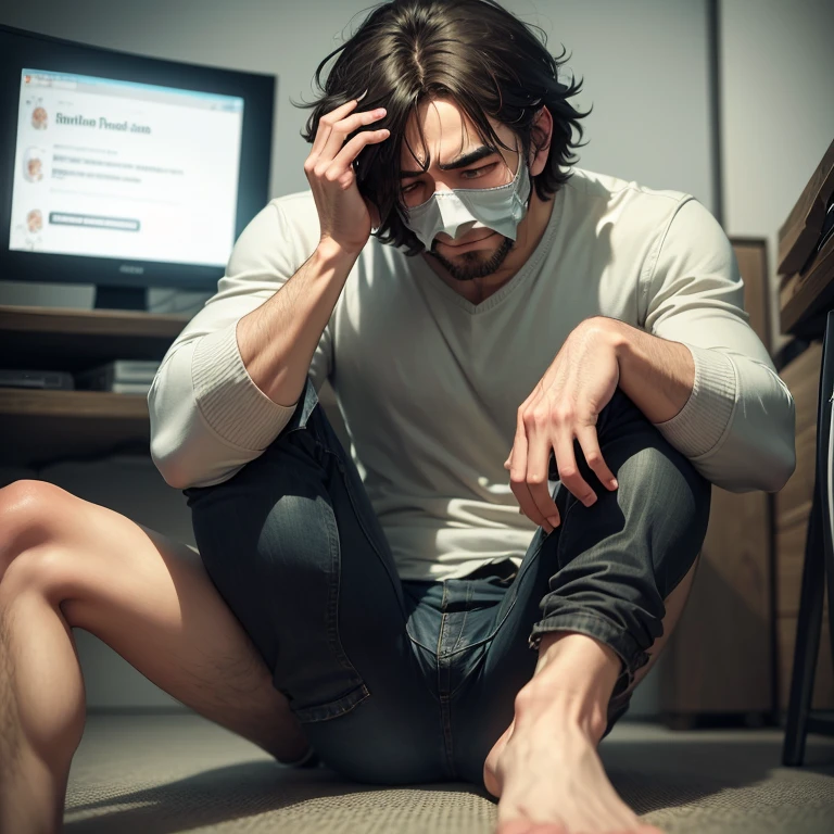 a sad man hiding it's face with it's knees inside a phone full of bad texts