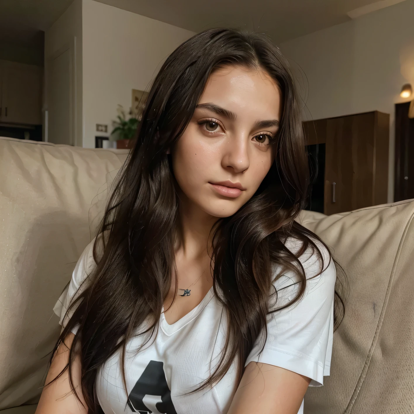 photorealistic portrait of a 21-year-old italian girl with long, flowing dark hair and striking dark eyes. She should have a natural, approachable expression. Capture this image with a high-resolution photograph using an 85mm lens for a flattering perspective. She must be in sportswear on the sofa in the living room