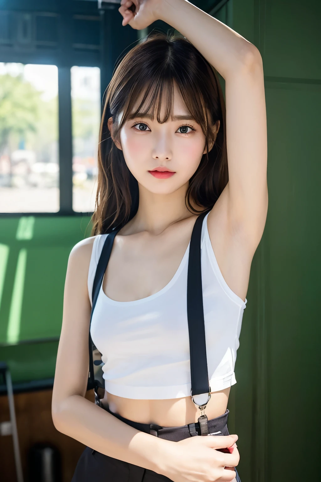 masterpiece、Flat Color、Depth of written boundary、Lens Flare 1 Girl、、Brown Hair、Staring at the audience　　　　internal　Black suspenders　　　Ample breasts　　　 　 Armpit sweat　sweating　Sides of both hands　　wall: 　Black trousers, 　sight　　　Small face　bangs over eyes　Aside Cutter Shirt
