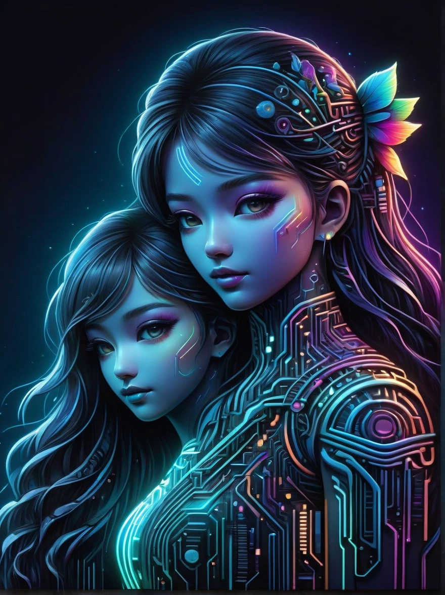 (Neon)，Circuit Board，Neon gradient light blue，Turquoise and purple artwork，(Full body rainbow image of a little princess and her mom)，(anatomically correct), (The background is solid black:1.5)，Chinese style，Fine lines，Clear lines，bold vibrant colours，Realistic form，shadow，perspective，(Cubist Futurism, Conceptual art, Surrealism, UHD, masterpiece, ccurate, textured skin, super detail, high details, award winning, best quality, 8k), Super detailed, (1.4 times more realism)