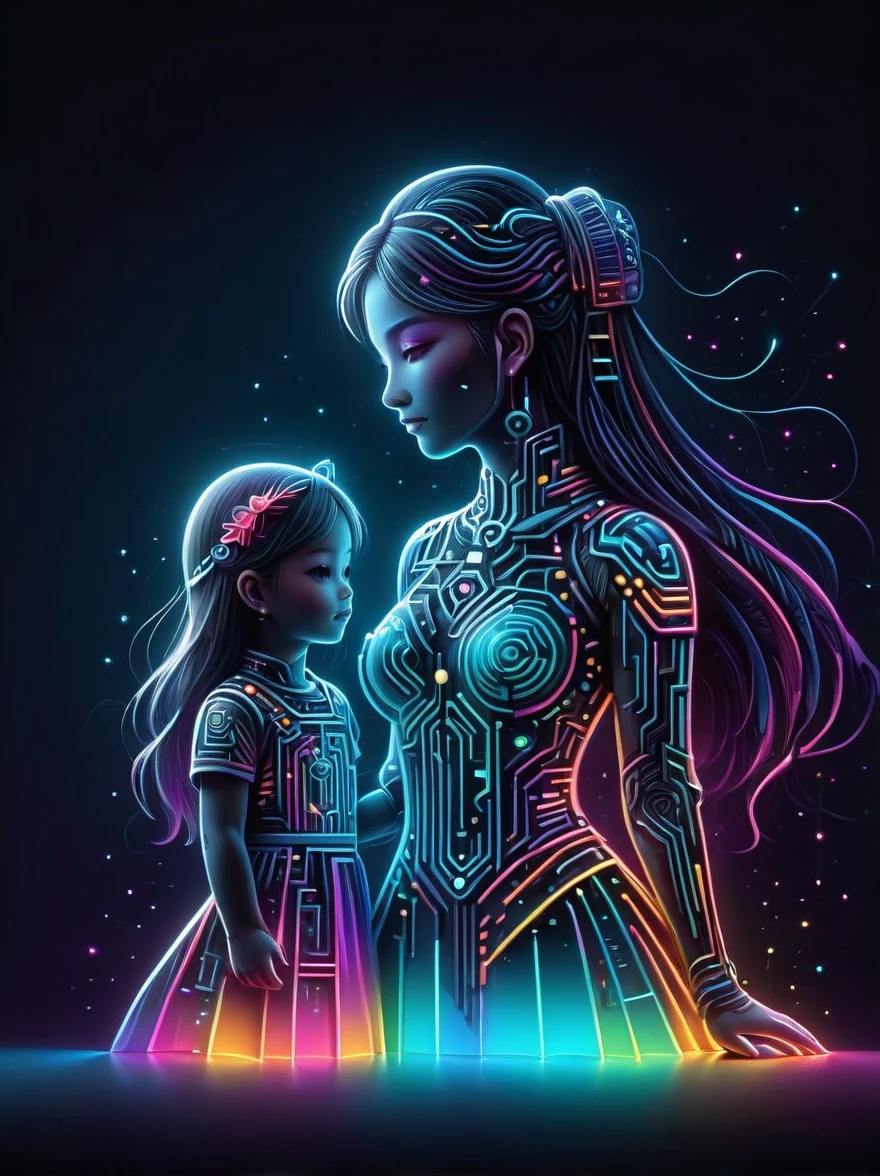 (Neon)，Circuit Board，Neon gradient light blue，Turquoise and purple artwork，(Full body rainbow image of a little princess and her mom)，(anatomically correct), (The background is solid black:1.5)，Chinese style，Fine lines，Clear lines，bold vibrant colours，Realistic form，shadow，perspective，(Cubist Futurism, Conceptual art, Surrealism, UHD, masterpiece, ccurate, textured skin, super detail, high details, award winning, best quality, 8k), Super detailed, (1.4 times more realism)