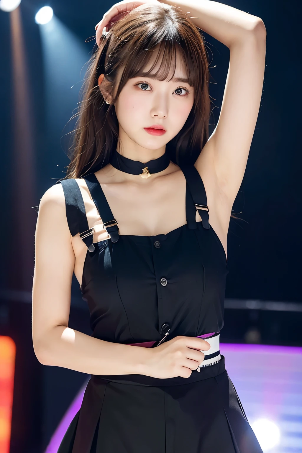 masterpiece、Flat Color、Depth of written boundary、Lens Flare 1 Girl、、Brown Hair、Staring at the audience internal Black suspenders bulging big breasts Armpit sweat sweating 両手のside wall: Black trousers, sight Small face bangs over eyes side mini skirt garter