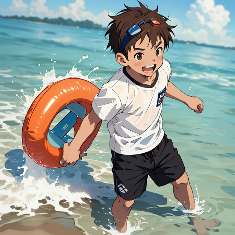 (Cute boy, primary school boy, short boy, brown hair), white shirt, black swimming trunks, anime style, playing with water in beach, :D, full body image, swimming goggles on head
