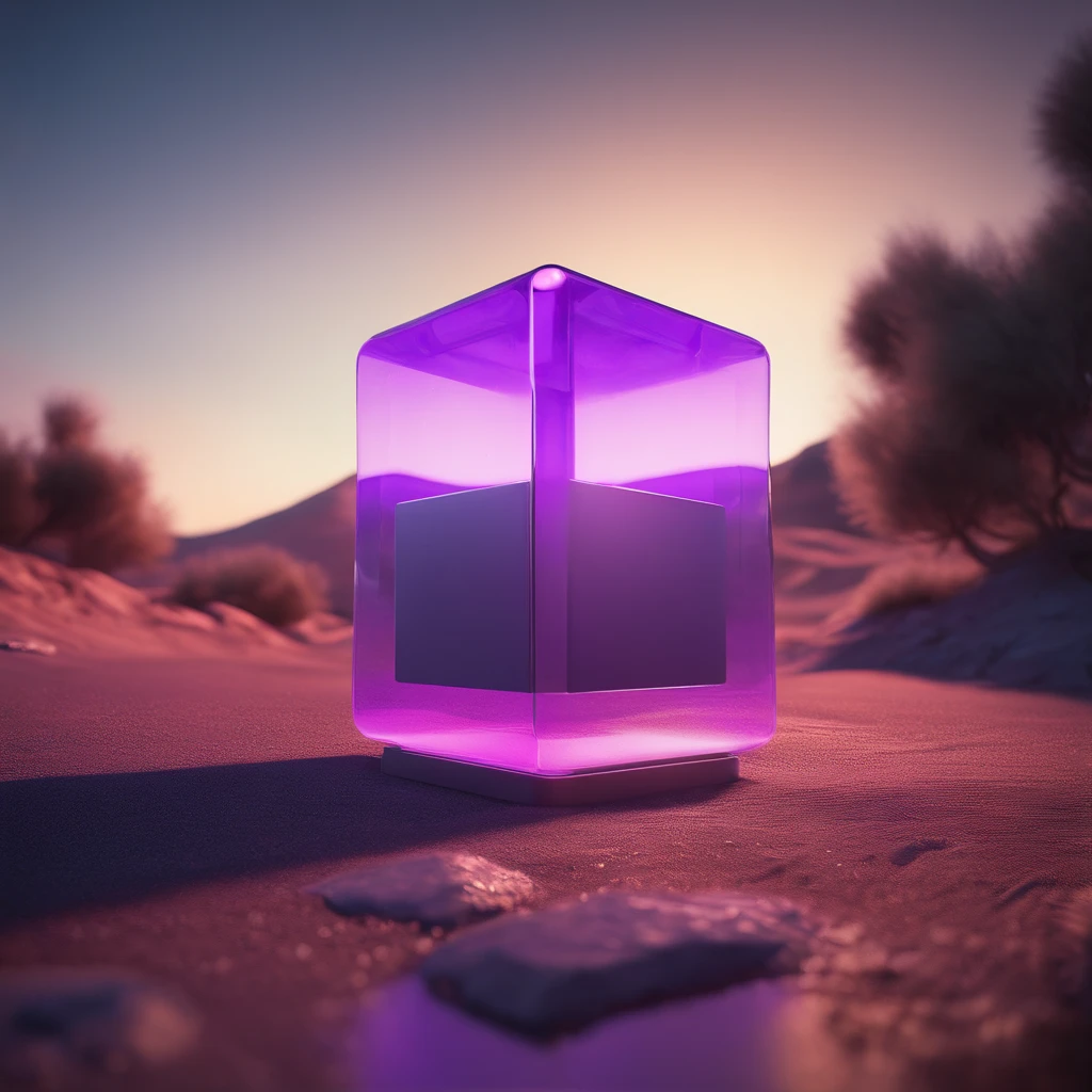 concept art of a clear purple glowing cube on the ground, white surface beautiful Practical atmosphere, environment, detailed, Practical, concept art, Unreal Engine 5, structure, Science Fiction, Ray Tracing, Computer graphics and image processing, Perfect visual effects, light, Smooth, Movie, Screen Space Reflections, ambient occlusion, Scenes, aesthetics, Bloom, shadow, Perfect drawing, texture, Movie, Sharp Edges, HDR effect, Blender 3D, Resource Library, Art Station, realism, Retro-futurism, the 90s, 80&#39;s, Retro Effect, Vaporwave, cold snap, close up, Synthwave, Retro Wave,