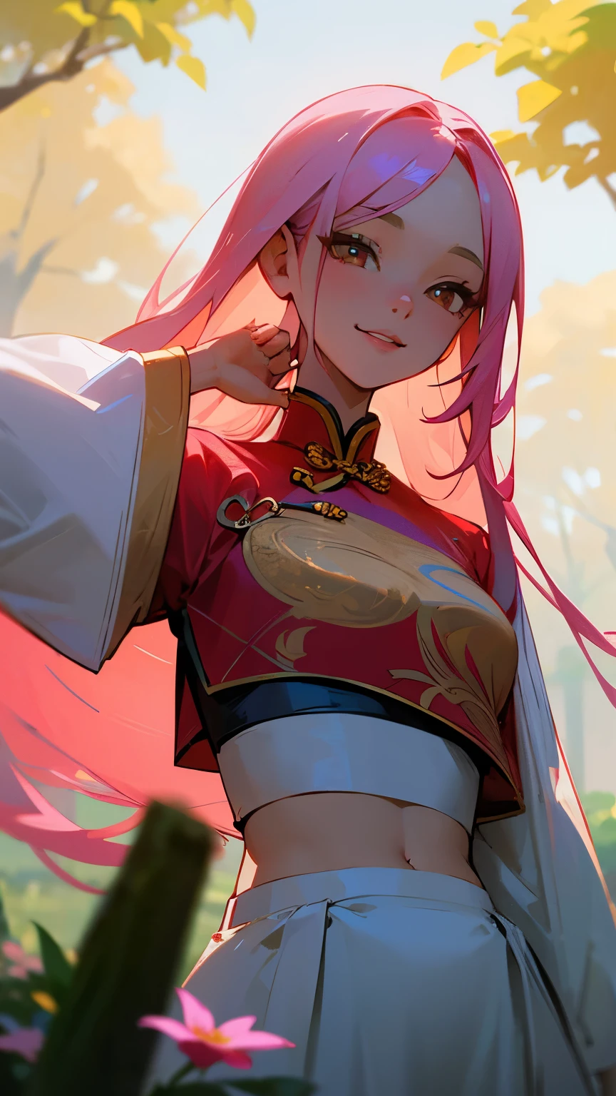 masterpiece, best quality, gorgeous pale american cute girl, smiling, (crop top), pink hair, straight hair, old chinese clothes, lean against a tree, field, flowers smiling, perfectly symmetrical face, detailed skin, elegant, alluring, attractive, amazing photograph, breathtaking, atmospheric perspective, diffusion, pore correlation, skin imperfections, DSLR, 80mm Sigma f2, depth of field, intricate natural lighting, looking at camara,, latex, golden eyes, femdom, view from down, very long hair, old chinese dress