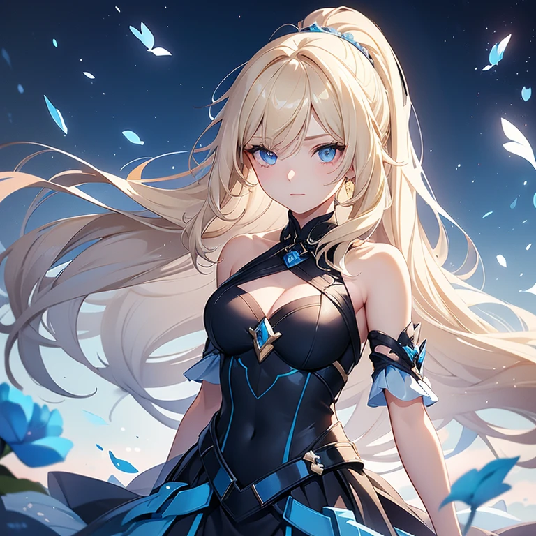 A 20-year-old girl, with wavy hair in a blonde ponytail, her skin is light and her blue diamond-like eyes, she has a calm expression, she is an assistant, she wears a suit with dark-colored flowers, she is pretty but looks innocent and problematic. Digital illustration with anime character. Digital art.