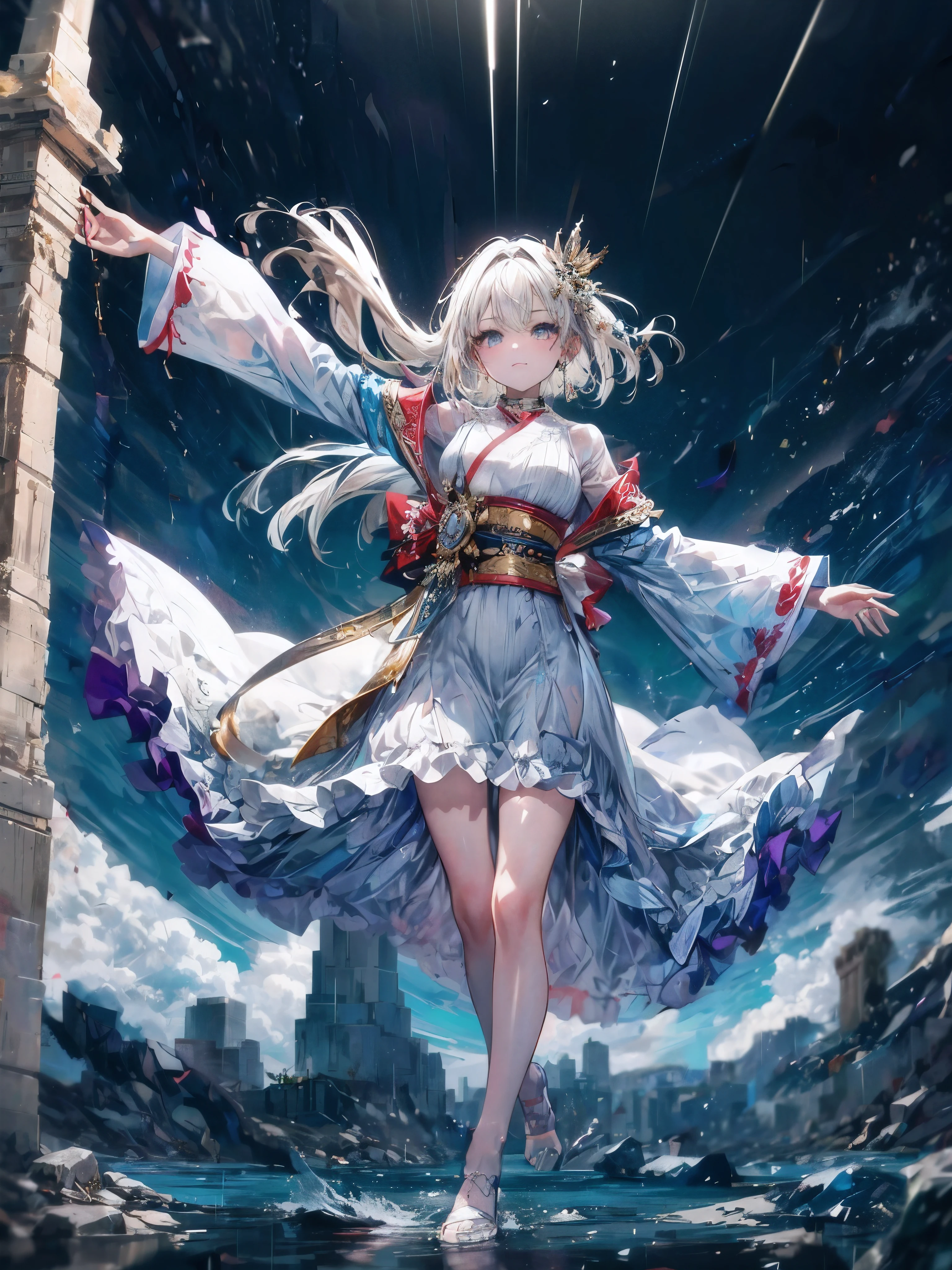 (best quality,4k,photorealistic:1.37),ultra-detailed,beautiful girl in a white dress,strolling in the city with a goddess-like appearance,gorgeous white hair,anime style,anime fantasy artwork,beautiful fantasy anime,guweiz,anime art wallpaper 4k,anime wallpaper 4k,cute anime girl in a beautiful dress