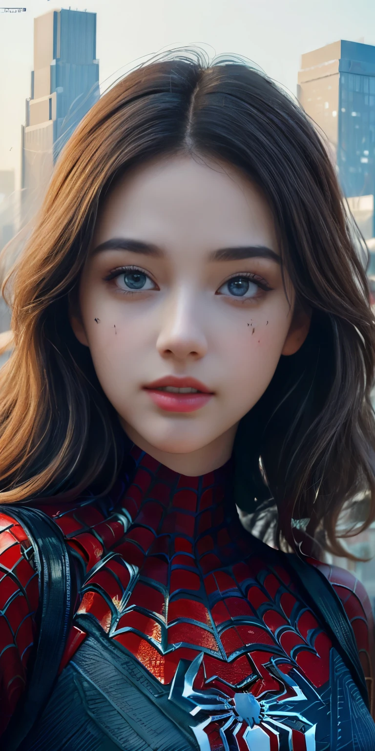 (1girl:1.3), Solo, (((Very detailed face)))), ((Very detailed eyes and face)))), Beautiful detail eyes, Body parts__, Official art, Unified 8k wallpaper, Super detailed, beautiful and beautiful, beautiful, masterpiece, best quality, original, masterpiece, super fine photo, best quality, super high resolution, realistic realism, sunlight, full body portrait, amazing beauty, dynamic pose, delicate face, vibrant eyes, (from the front), She wears Spider-Man suit, red and black color scheme, spider, very detailed city roof background, rooftop, overlooking the city, detailed face, detailed complex busy background, messy, gorgeous, milky white, highly detailed skin, realistic skin details, visible pores, clear focus, volumetric fog, 8k uhd, DSLR, high quality, film grain, fair skin, photo realism, lomography, futuristic dystopian megalopolis, translucent