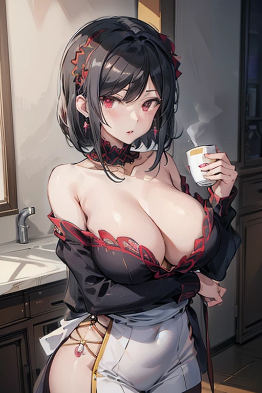 masterpiece, yor, 1girl, Amazing Cleavage:1.3, thin waist, big ass, Raised sexy, medium breast: 1.8 posed cleavage:1.2、solo, looking at viewer, open mouth, have a cup of coffee,black hair, red eyes, dress, bare shoulders, jewelry, collarbone, sidelocks, hairband, earrings, indoors, off shoulder, :o, sweater, arms behind back, plant, short hair with long locks, white hairband, off-shoulder dress, sweater dress, off-shoulder sweater, red sweater, big side hair, very long side hair,is rendered in (masterpiece: 1.2, best quality), with (ultra high resolution) and an exquisite (depth of field). This masterpiece is not only visually stunning but also tells, make of cake cooking ,in the kitchen