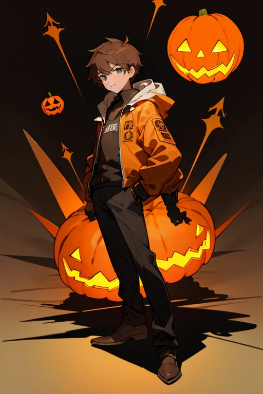 12 year old boy, brown hair, green eyes, full body, pumpkin jacket, Jackknifes, Pumpkin summon, Werewolf summon, Skeleton Summon, Clone Summon, Shadow Summon, Halloween Party,