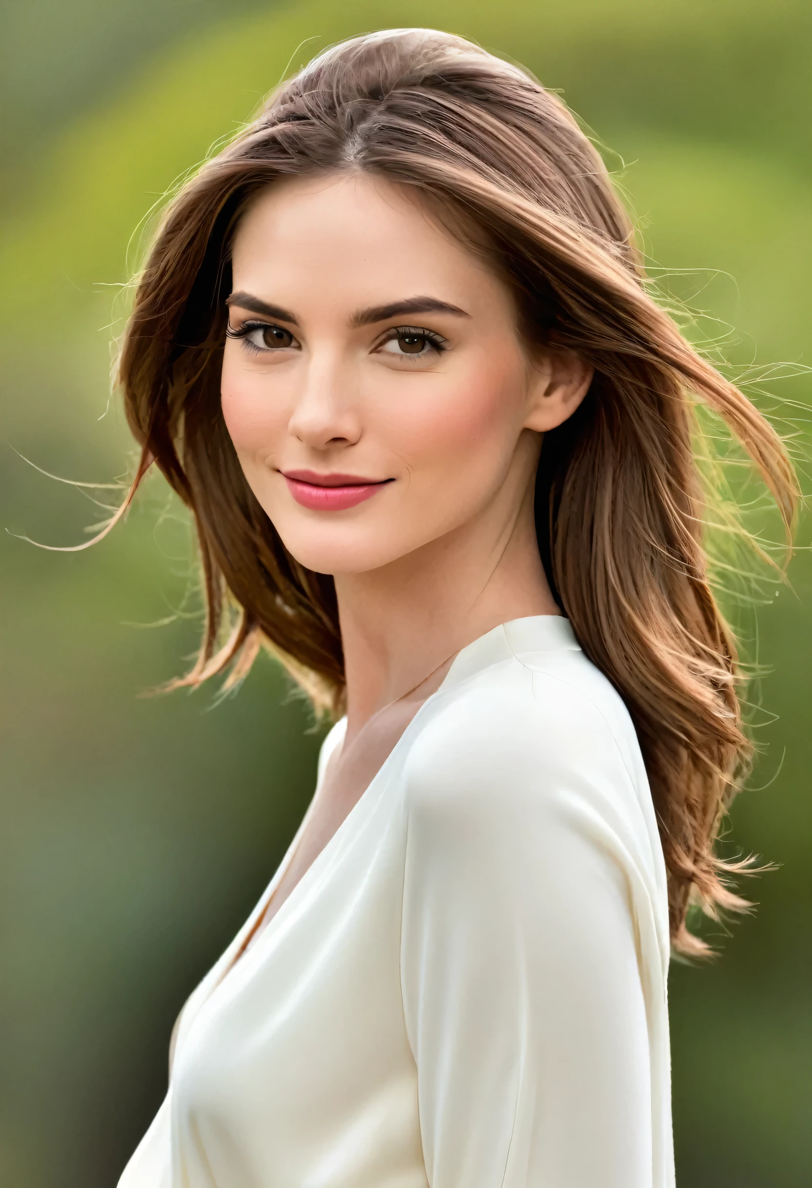 a white american woman model with fair skin and medium brown hair. Her expression is serene and confident, with a sexy soft smile, conveying a sense of calmness and determination. The background of the image can be neutral to emphasize the model and her attire. This depiction captures the beauty and sophistication of the model, offering a striking and memorable presence.